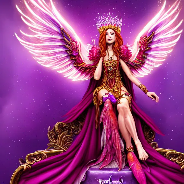 Prompt: Princess sorceress with red flaming bird wings on her back and sitting on an ornate throne dressed in a fancy long purple dress, beautiful realistic symmetrical defined face, grinning, Fantasy, Full Portrait, High detail, realistic, planeswalker