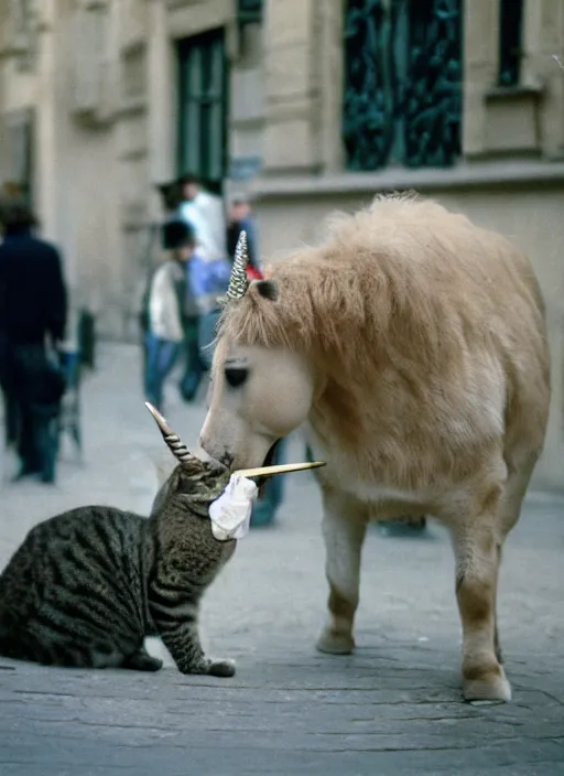Prompt: a unicorn in paris sneezing a cat out of its horn, canon 5 d 5 0 mm lens kodachrome