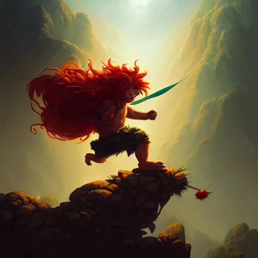 Image similar to cinematic painting of tomba!!!!!!!!!!!!!!!!! climbing a windy mountain, by alvaro castagnet, peter mohrbacher and dan mumford