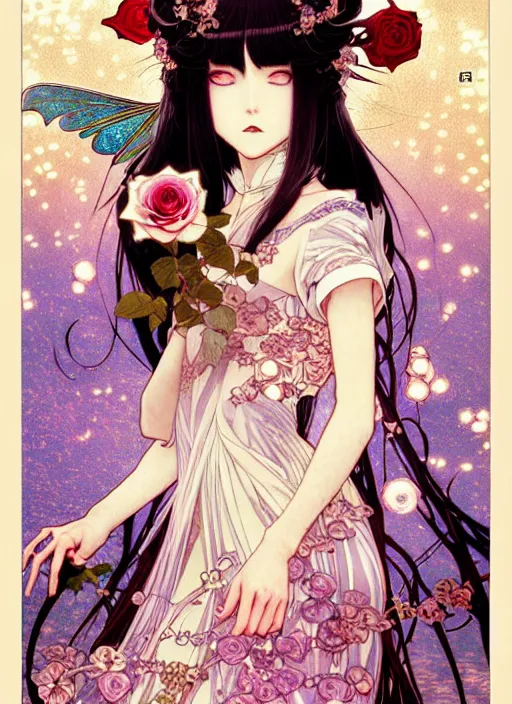 Prompt: exquisite imaginative manga poster art of a vampire girl, roses, pearlescent, shimmering, reflective, rim light, detailed background, by kojima ayami, akihiko yoshida, minaba hideo, alphonse mucha, art nouveau, illustration, artstation, concept art, highly detailed, colorful, maximalist