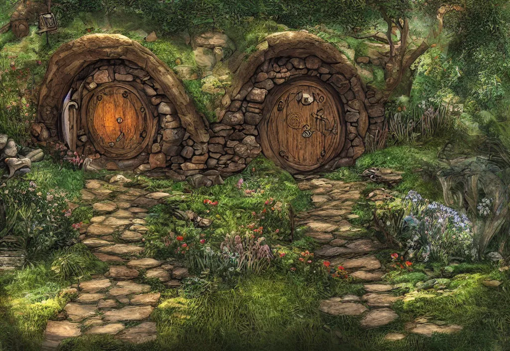 Image similar to the hobbit home, digital art, high detail