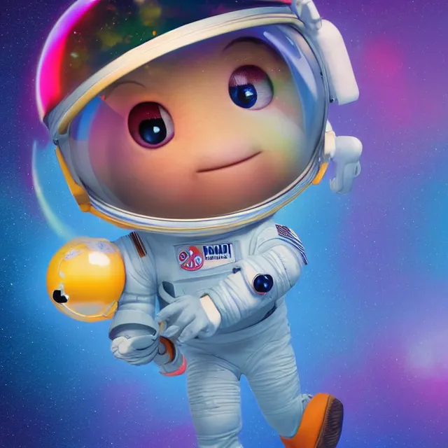 Image similar to a cute astronaut, pixar animation style, soft colors, by jeff koons, by lisa frank, octane render, colorful, spectral color, 5 d, ultra - hd, happy, good, mini, volumetric lighting