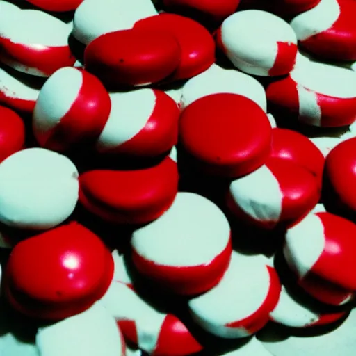 Prompt: 1960s photo of a round red and white peppermint candy held up to the sun