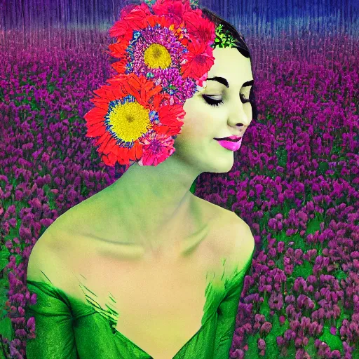 Image similar to surreal flowerheaded girl, flowerfield