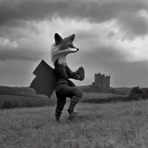 Image similar to anthropomorphic fox!! who is a me - dieval knight holding a swo - rd towards a stormy thundercloud [ 1 9 3 0 s film still ], ( castle in the background )