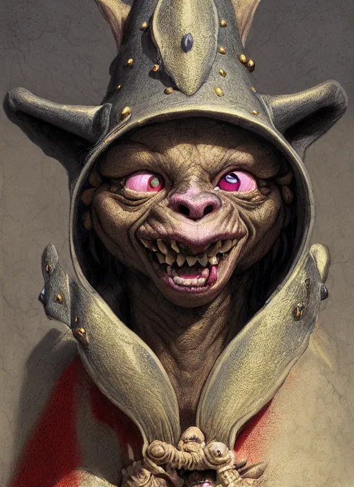 Image similar to highly detailed closeup portrait of a medieval goblin wearing a jesters hat, stephen bliss, unreal engine, greg rutkowski, ilya kuvshinov, ross draws, hyung tae and frank frazetta, tom bagshaw, tom whalen, nicoletta ceccoli, mark ryden, earl norem, global illumination, god rays, detailed and intricate environment