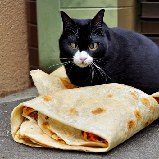 Image similar to photograph of a very fat cat sitting on a parkbench surrounded by burrito wrappers