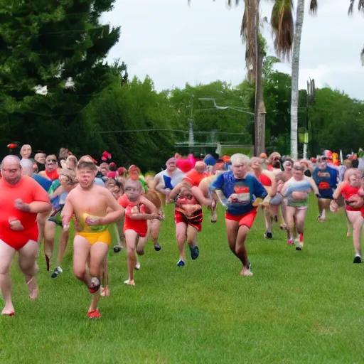 Image similar to an action photo of the annual mini fat man race. many little fat men in swimsuits are having an extreme running race. they are hot, red and sweating profusely.