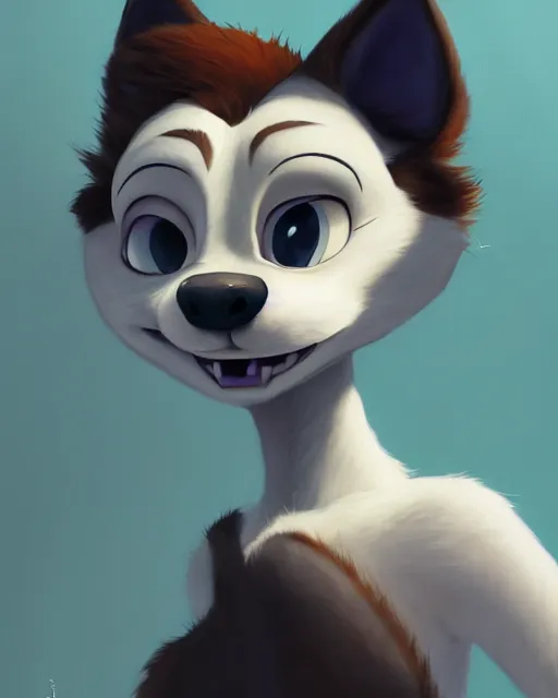 Image similar to oil painting of anthromorphic female wolf, in style of cory loftis, female fursona, furry, furaffinity, 4 k, deviantart, furry art, fursona art, wearing black business suit, business suit, in style of zootopia, wolf fursona, cyberpunk, female, very expressive detailed feminine face,