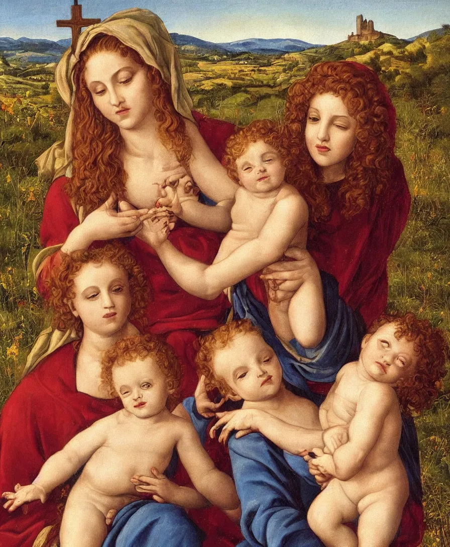 Prompt: Detailed Portrait of Madonna, with infant Jesus playin with thin long cross in the style of Raffael. Red curly hair, gloriole. They are sitting in a dried out meadow in Tuscany, red poppy in the field. On the horizon there is a blue lake with a town like florence and blue mountains alps. Golden Ratio. Flat perspective.