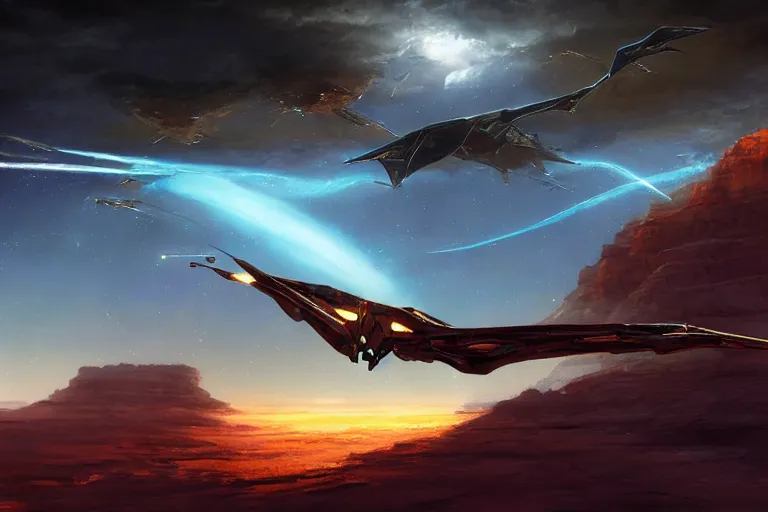 Image similar to ultra realistic cinematic lighting, lifelike, amazing detail, trending on art station, a pteranodon mecha fighter zooms through the dark primordial maelstrom void of an HR Giger a painted desert valley, contrails of smoke, nebula and cosmic sky, cinematic lighting, engines blazing robotech mecha styling by Jessica Rossier and John Berkey, cinematic, realistic