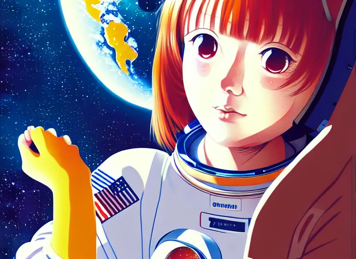 Prompt: portrait of a young astronaut girl, Karolis Strautniekas,omoide emanon, tsuruta kenji, murata range, vibrant, kyoto animation, manga, editorial illustration, matte print, flat