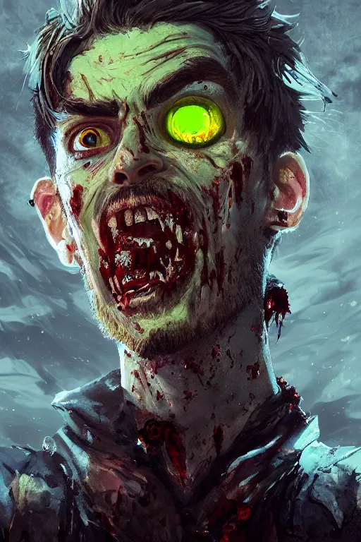 Image similar to A fancy portrait of a zombified YouTuber jacksepticeye by Greg Rutkowski, Sung Choi, Mitchell Mohrhauser, Maciej Kuciara, Johnson Ting, Maxim Verehin, Peter Konig, Bloodborne, 8k photorealistic, cinematic lighting, HD, high details, dramatic, dark atmosphere, trending on artstation