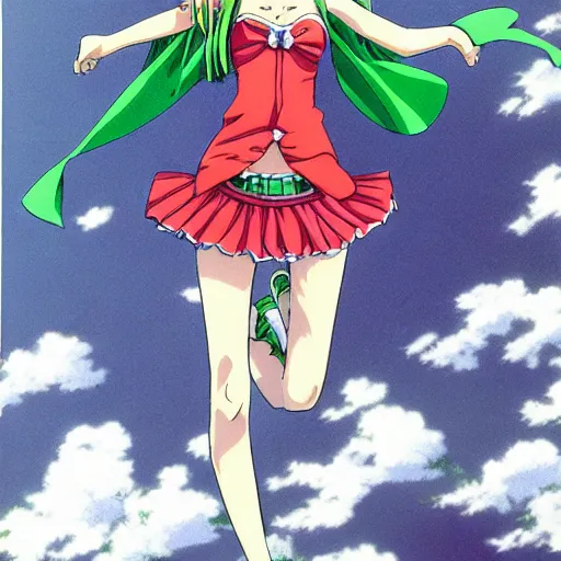 Image similar to anime, girl, green dress, flying, one piece, by eiichiro oda