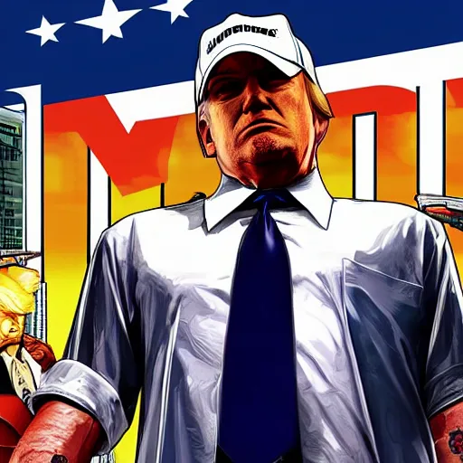 Prompt: Donald Trump in GTA V promotional art, 4k