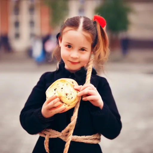 Prompt: photo of cute soviet schoolgirl, holding bagels on a rope, street of moscow, shallow depth of field, cinematic, 8 0 mm, f 1. 8