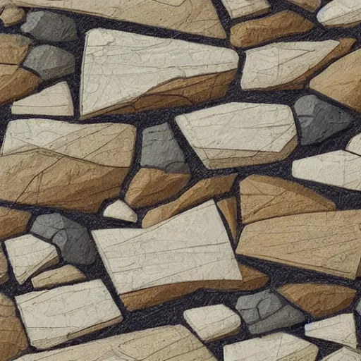 Image similar to masterpiece abstract intricate painting of detailed highly layered flat textured rocky field along a planer surface of rectangular shapes. highly geometric rectangular shapes with thin pencil rough sketch lines slanting down. isometric angles. beautiful use of light to create a sense of a stony landscape. using architectural brushwork and a rich earthy color palette, providing a mathematical rough sketch.