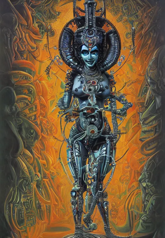 Prompt: biomechanical alien robot goddess kali, female, intense stare, sarcastic smile, symmetrical, concept art, intricate detail, volumetric shadows and lighting, realistic oil painting, 1 9 7 0 psychedelic soviet poster,