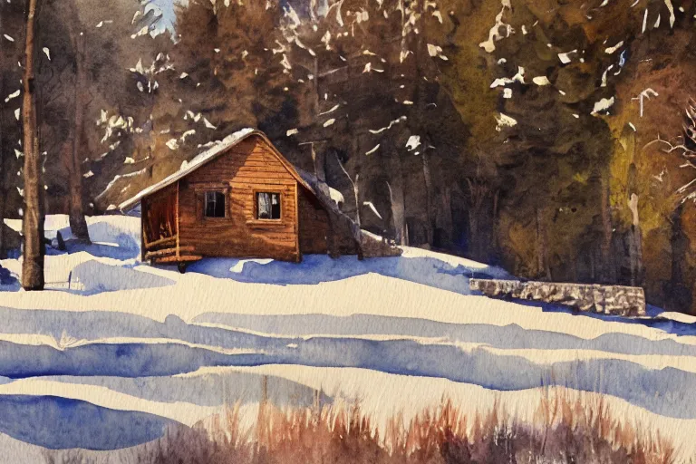 Prompt: watercolor painting of cabin at rocky hill, reflective, stone walls, winter, sunlight, morning, ambient lighting, art by gude