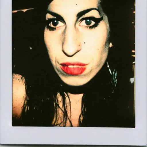 Prompt: a polaroid of amy winehouse in the east village at night, raining!