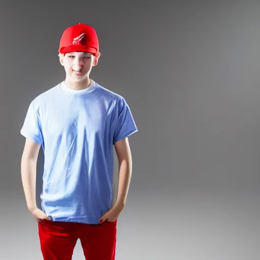 Image similar to a portrait of an average white teenage boy with blue colored hair, wearing a red backwards cap, white t - shirt with a red no symbol on it, blue long pants and red shoes, holding a microphone on a stage, studio lighting, photoshoot