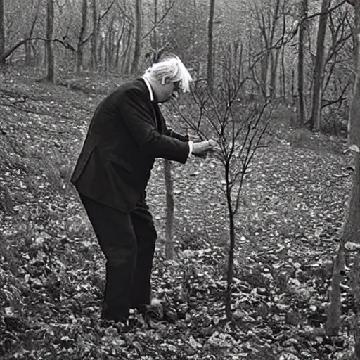 Image similar to Trail Cam footage of Boris Johnson Stealing a small tree sapling at nightime