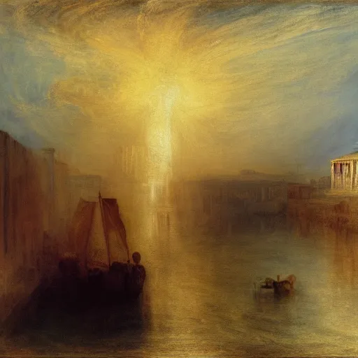 Image similar to the Roman villa by the harbour, ancient art, light of god, Tate collection, in style of J.M.W. Turner