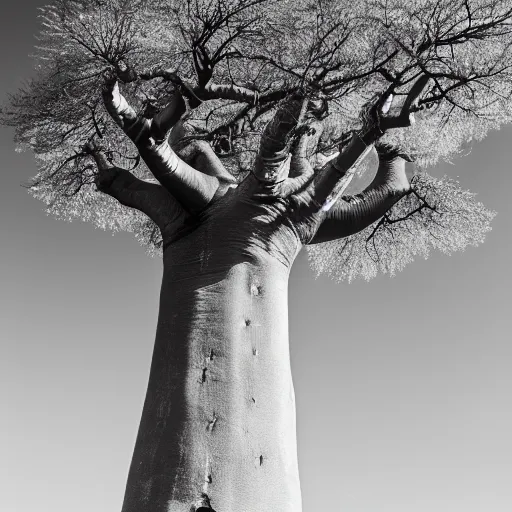 Prompt: a baobab tree, award winning black and white photography