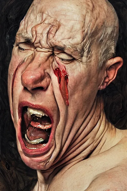 Prompt: portrait of a man enraged, part by Jenny Saville, part by Lucian Freud, part by Norman Rockwell