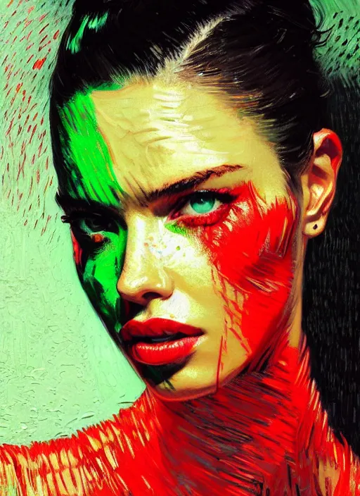 Image similar to close up portrait of adriana lima, sensual, ecstatic, shades green and red, beautiful face, rule of thirds, intricate outfit, spotlight, by greg rutkowski, by jeremy mann, by francoise nielly, by van gogh, digital painting