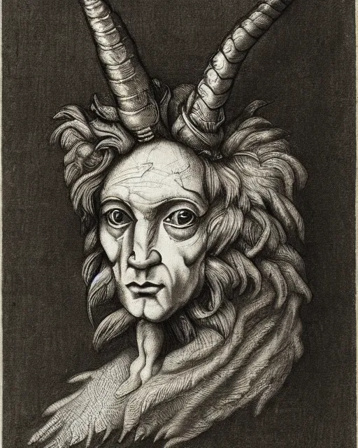 Image similar to a creature with the eyes of a man, beak of an eagle, no nose, the mane of a lion, two horns on the head. drawn by da vinci