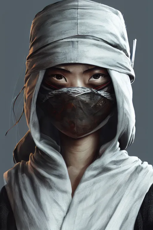 Image similar to native japanese young woman dressed like shinobi ninja, focused stare, partially masked, highly detailed, photobash, photorealistic render, trending on artstation, character design, cinematic lighting
