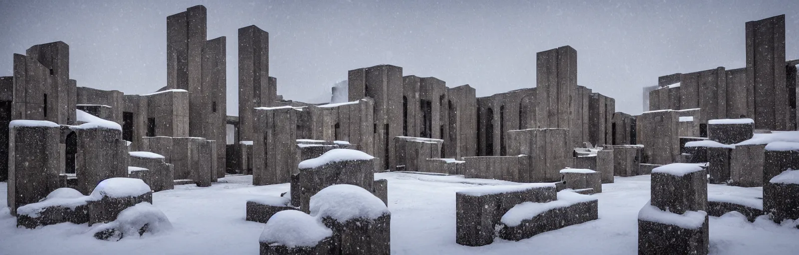 Image similar to snow falling on brutalist monastery, the monastery is on top of a black snowy mountain, the concrete monastery has walkways, skybridges, stairways, white marble statues on pedestals in the background, depth of field, sharp focus, clear focus, beautiful, award winning architecture, hopeful, quiet, calm, serene