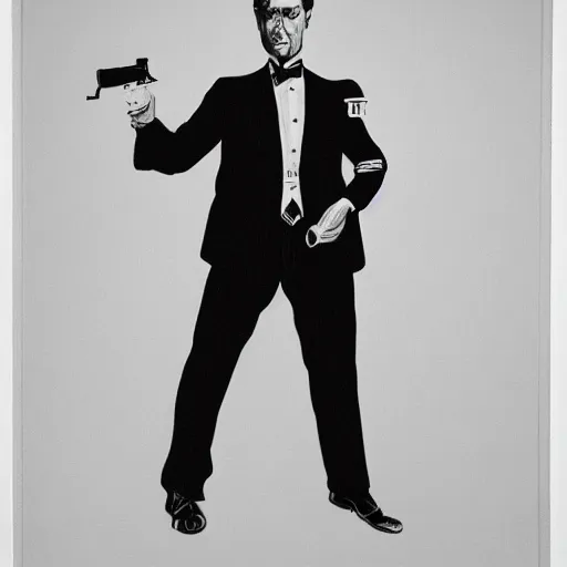 Image similar to Portrait of the Homelander from the Tv Show the Boys in a tuxedo with a silenced gun on his hand, black and white