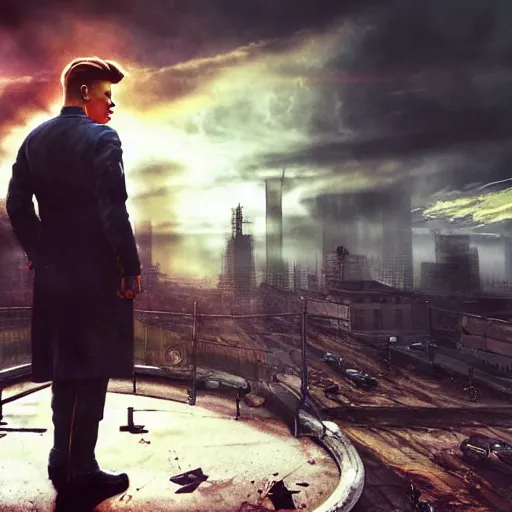 Image similar to fallout 5, charismatic david bowie, portrait, outdoors ruined cityscape, atmospheric lighting, painted, intricate, volumetric lighting, beautiful, daytime, sunny weather, slight overcast, sharp focus, deep colours, ultra detailed, by leesha hannigan, ross tran, thierry doizon, kai carpenter, ignacio fernandez rios