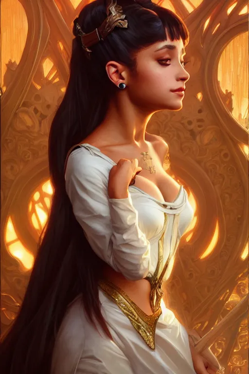 Image similar to Ariana Grande, fantasy, intricate, elegant, highly detailed, digital painting, artstation, concept art, matte, sharp focus, illustration, art by Artgerm and Greg Rutkowski and Alphonse Mucha