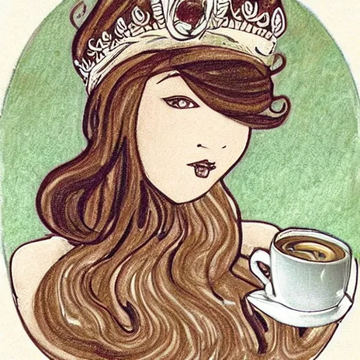 Image similar to mucha mocha latte barrista creamer art drawing of a royal princess on the top of the cappucinno froth