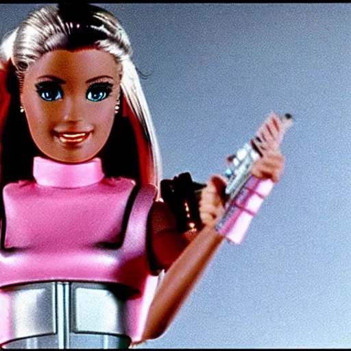 Prompt: film still of barbie as the terminator in the terminator ( 1 9 8 4 )