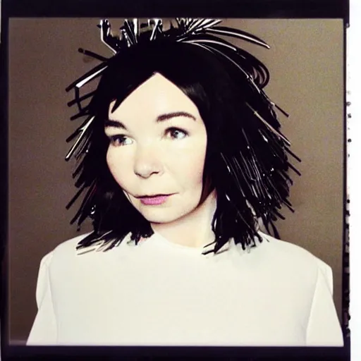 Prompt: Portrait of Bjork in an Issey Miyake dress, ethereal, polaroid