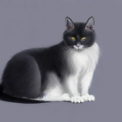 Image similar to a big bored dark gray cat with white belly, white paws and white face markings with long fur and fluffy tail sitting, intricate, elegant, highly detailed, digital painting, artstation, concept art, matte, sharp focus, illustration, art by Artgerm and Greg Rutkowski and Alphonse Mucha