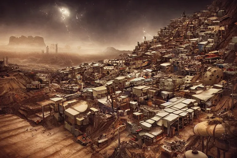 Image similar to favela construction hangar, art nouveau desert environment, industrial factory, cliffs, gloomy, milky way, award winning art, epic dreamlike fantasy landscape, ultra realistic,