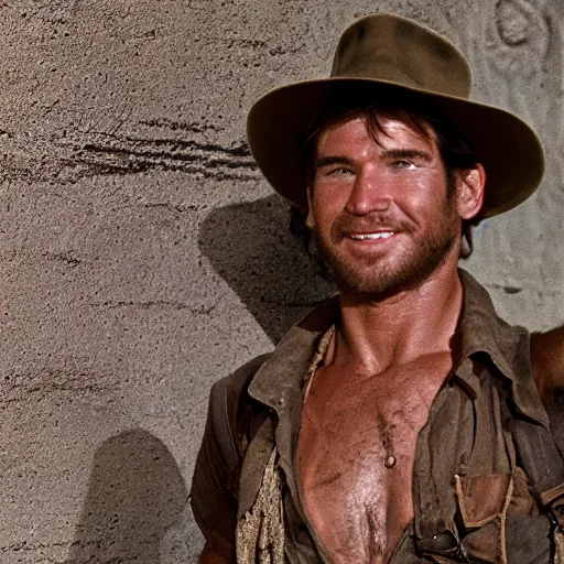 Prompt: zoomed out portrait of young Indiana Jones, 1980, rugged, ripped clothes holding whip, Tran, Ross
