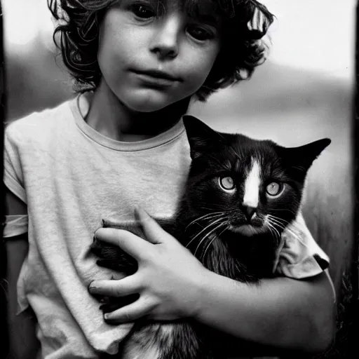 Image similar to a beautiful boy holding a cat, by sally mann