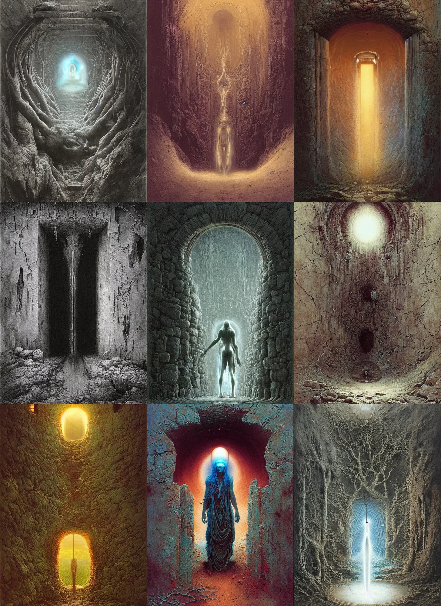 Prompt: singular portal into godhood, philosophical concept illustrated by James Gurney and Zdislaw Beksinski