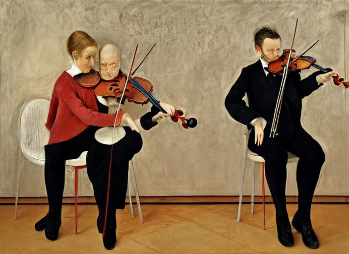 Prompt: portrait of two young violin players getting ready to perform looking here, francis bacon and pat steir and hilma af klint and james jean, psychological, photorealistic, intriguing details, rendered in octane, altermodern
