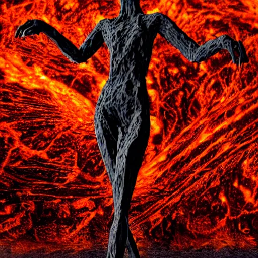 Image similar to 3D human abstract sculpture made out of molten lava, CGSociety, photorealistic, highly detailed, sharp, not blurry, ultra-photorealistic, postprocessing, photography by Ray Man, Full Colour, HDR, 8k