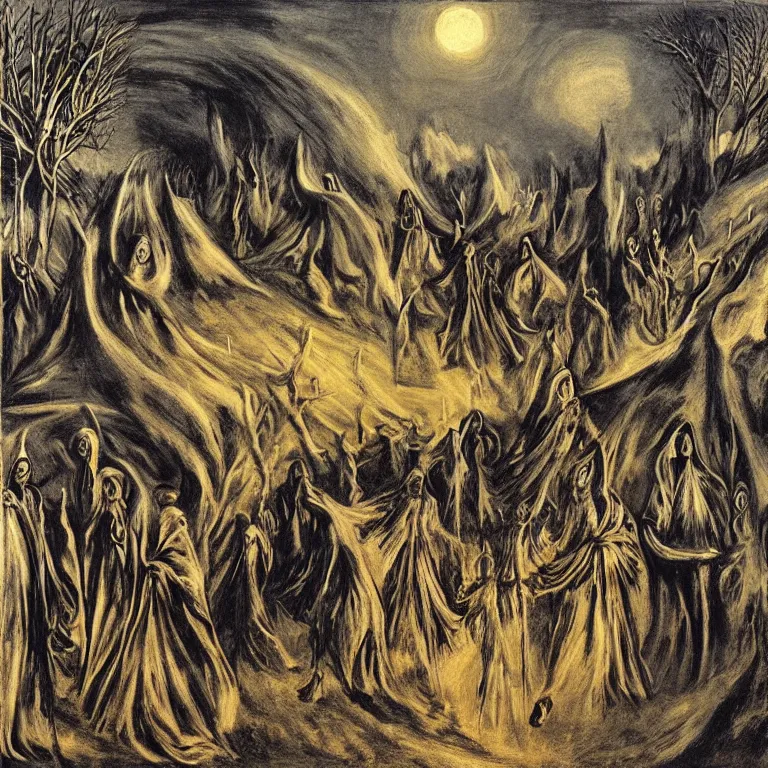 Prompt: A Holy Week procession of grim reapers in a lush Spanish landscape at night. A hooded figure at the front holds a cross. El Greco, Remedios Varo, Salvador Dalí, Zdzisław Beksiński. Technicolor.