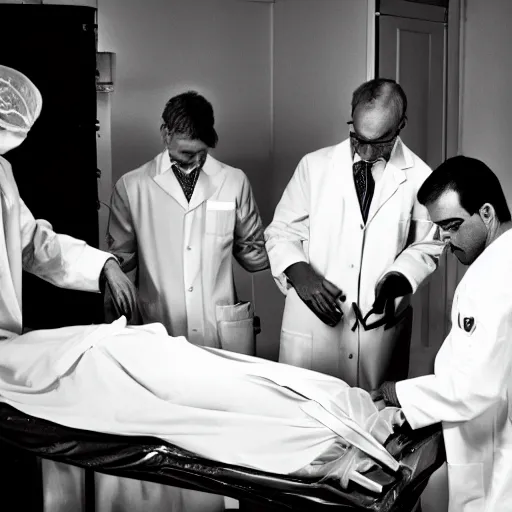 Image similar to doctors performing an autopsy on a dead alien in a white room, black and white photo