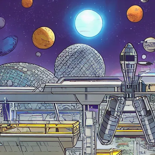 Image similar to a city floating in space, comic gas in the background, dyson sphere