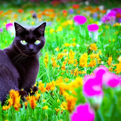 Image similar to a professional photograph of a cat in a field of flowers, high quality, highly detailed, cute, HD, 8K